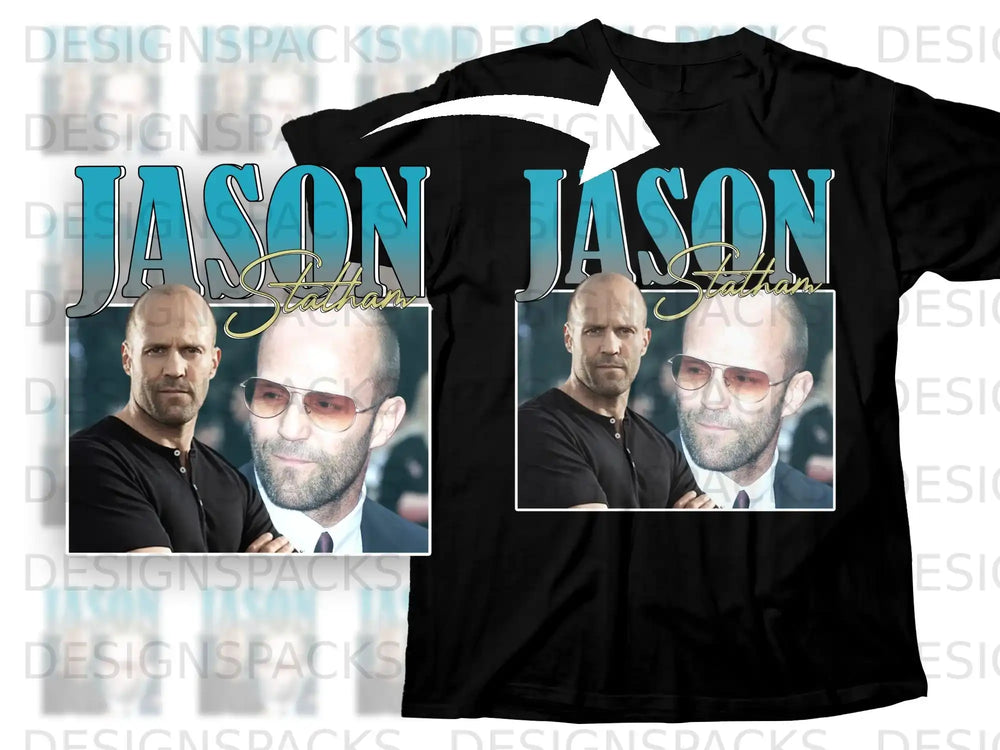 Black t-shirt featuring Jason Statham in a graphic with "JASON" text.