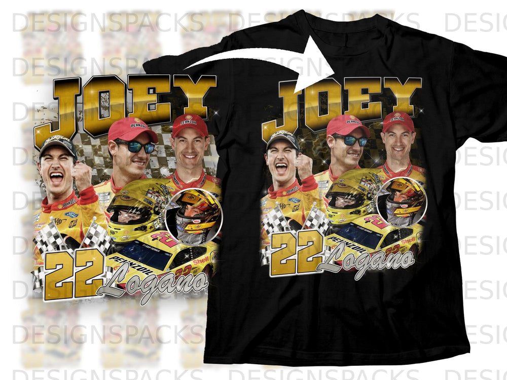 Joey Logano racing graphic with checkered flags and racing car.