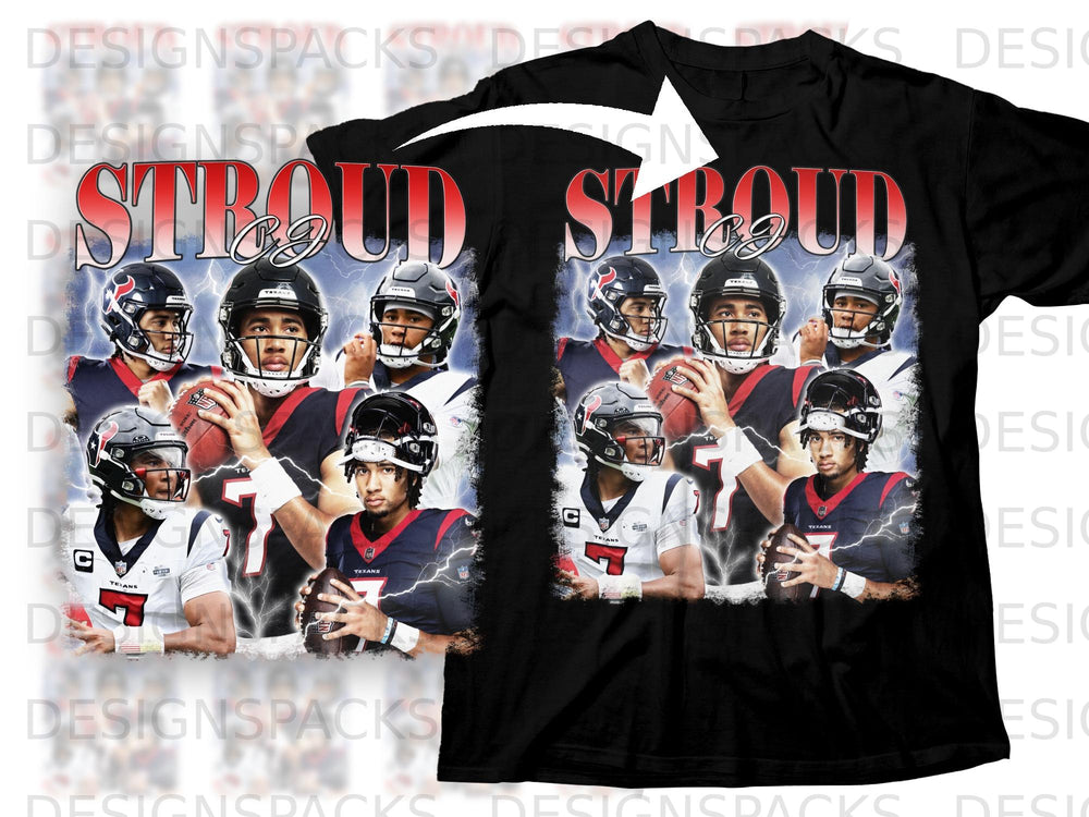 Black t-shirt with "Stroud" text and images of Houston Texans players.