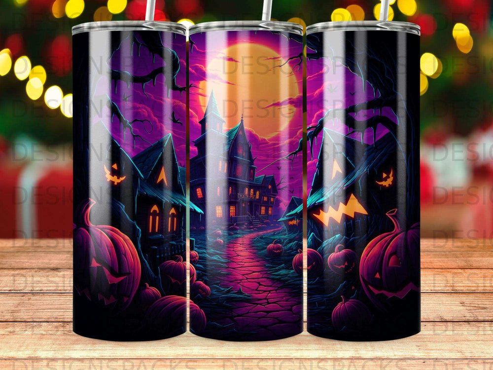 Halloween scene with spooky houses, pumpkins, and a moonlit path.