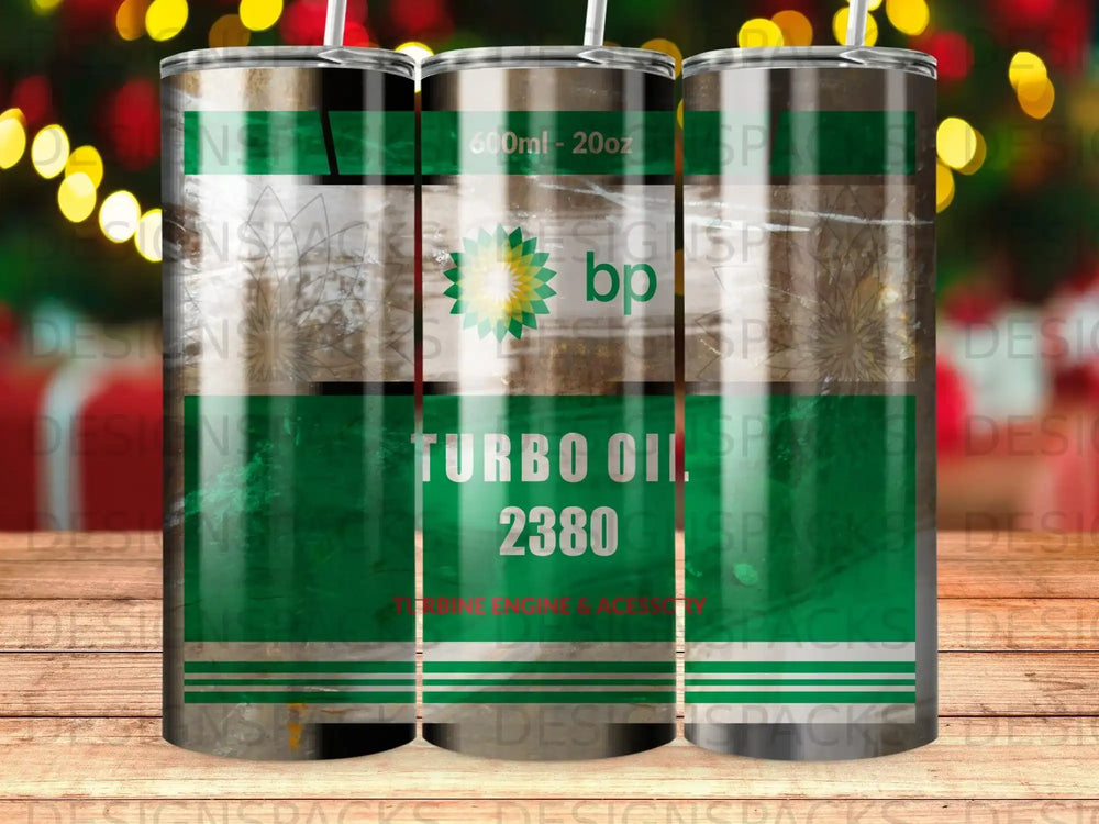 BP Turbo Oil 2380 engine oil tumbler with green and white branding.