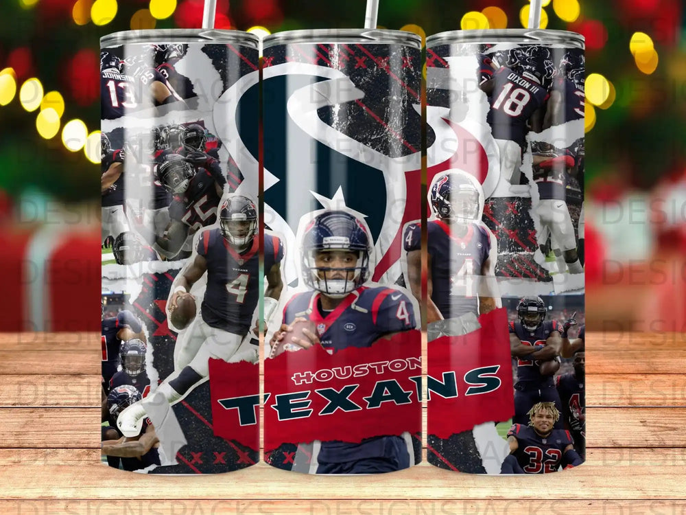 Houston Texans football team logo and player collage on a tumbler.