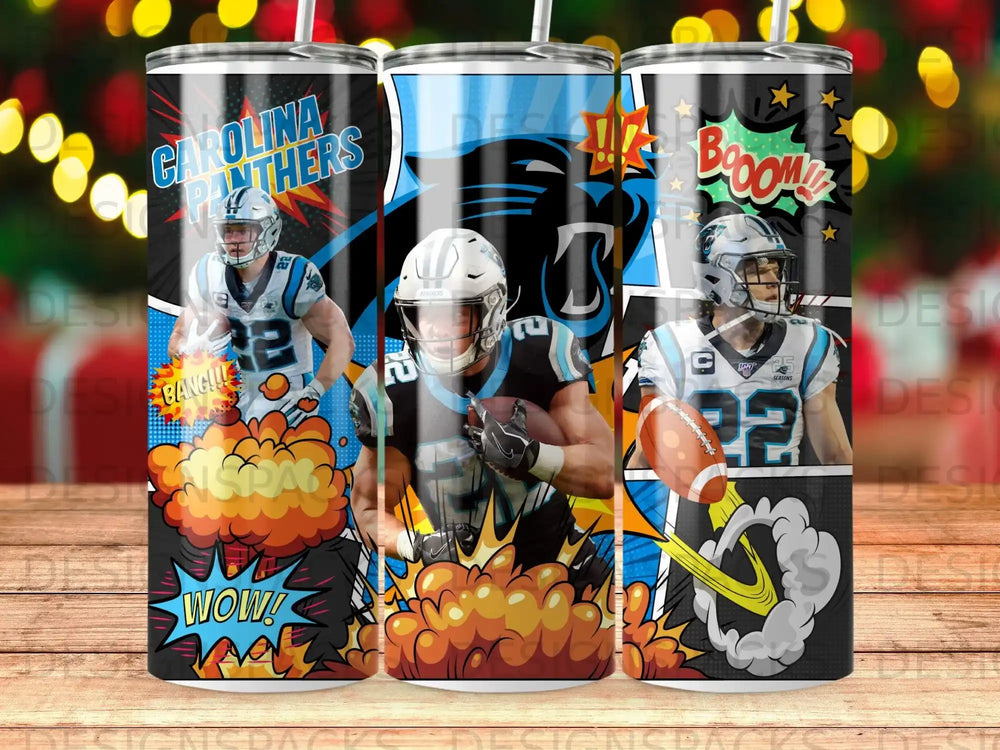 Carolina Panthers players in action on comic-style graphic tumblers.
