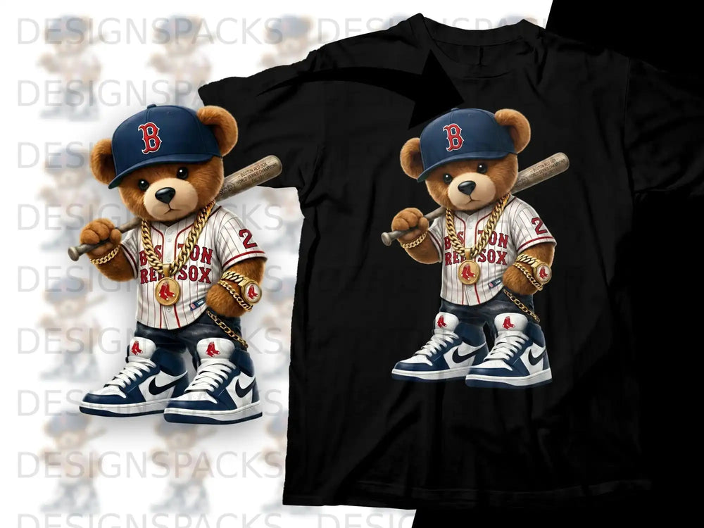 Teddy bear mascot in Boston Red Sox uniform, holding baseball bat.