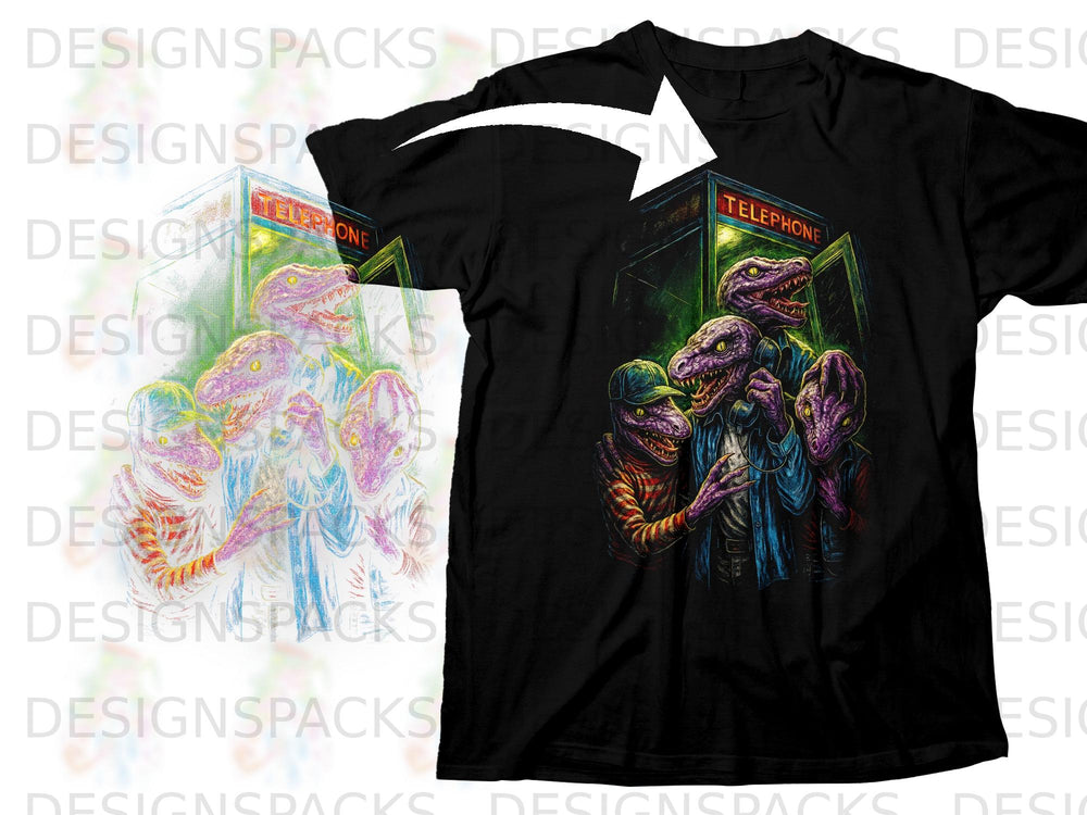 Black t-shirt with cartoon dinosaurs outside a red telephone booth.