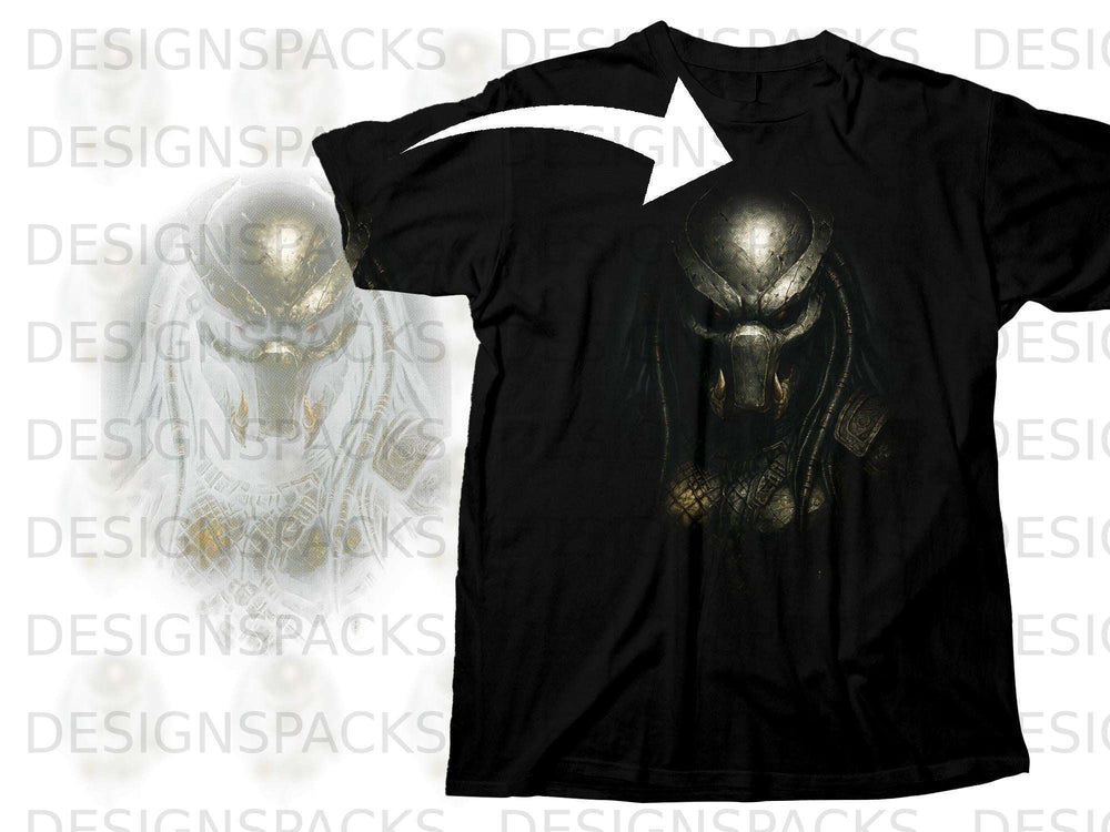 Black t-shirt with a detailed Predator mask graphic and a white arrow.