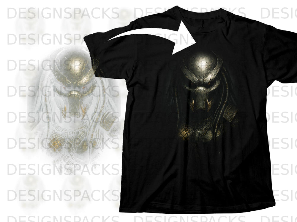 Black t-shirt with a detailed Predator mask graphic and a white arrow.