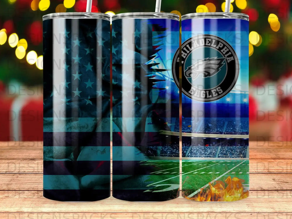 Philadelphia Eagles logo on a US flag background with stadium lights and fire.