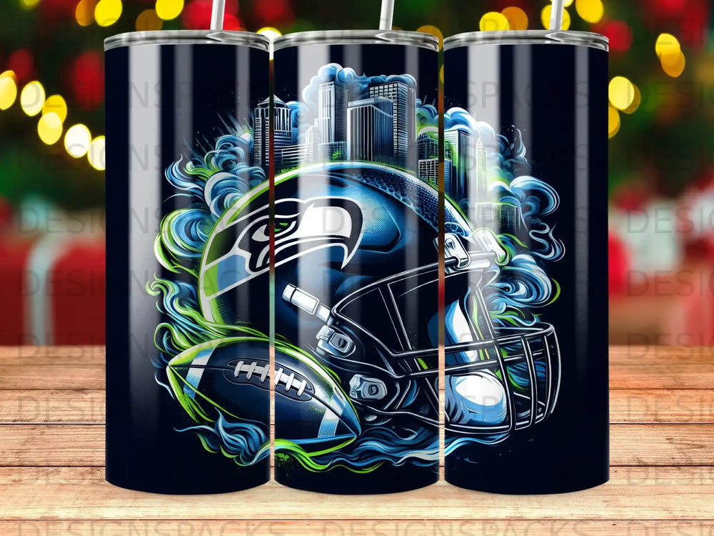 Seattle Seahawks helmet with cityscape and football, dark blue background.