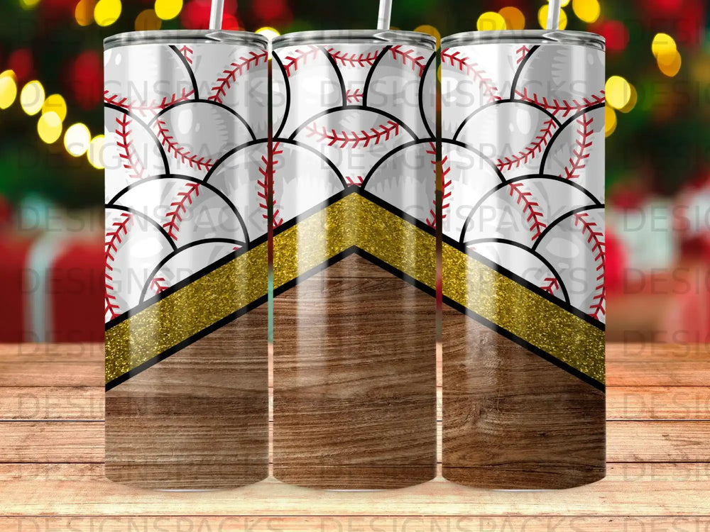 Tumbler with baseball stitching pattern and wood grain design.