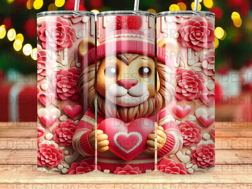Lion holding heart with Valentine's Day floral pattern.