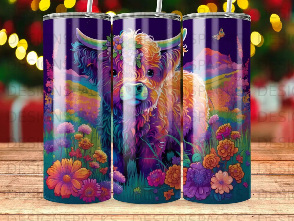 Colorful Highland cow with floral crown in a vibrant, illustrated landscape.