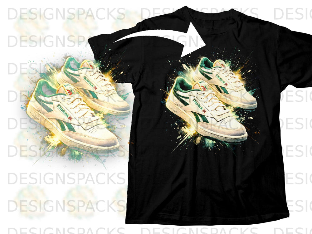 Black t-shirt featuring a graphic of two Reebok Club C 85 sneakers with abstract paint splatters.
