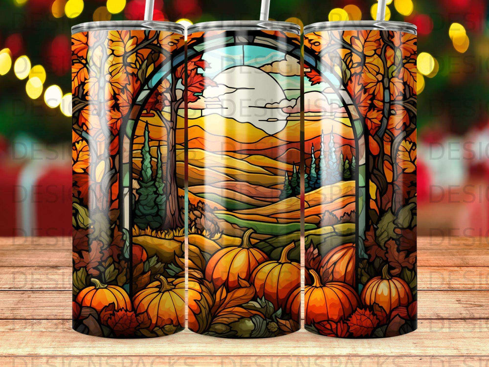 Autumn landscape with pumpkins, trees, and a moonlit sky framed by stained glass.