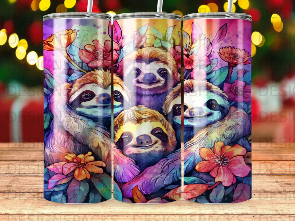 Four sloths with flowers and colorful watercolor background.