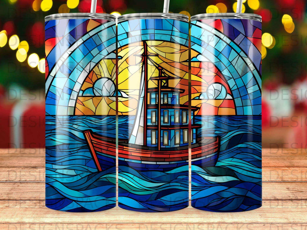 Stained glass art featuring a ship sailing on blue water under a colorful sky.