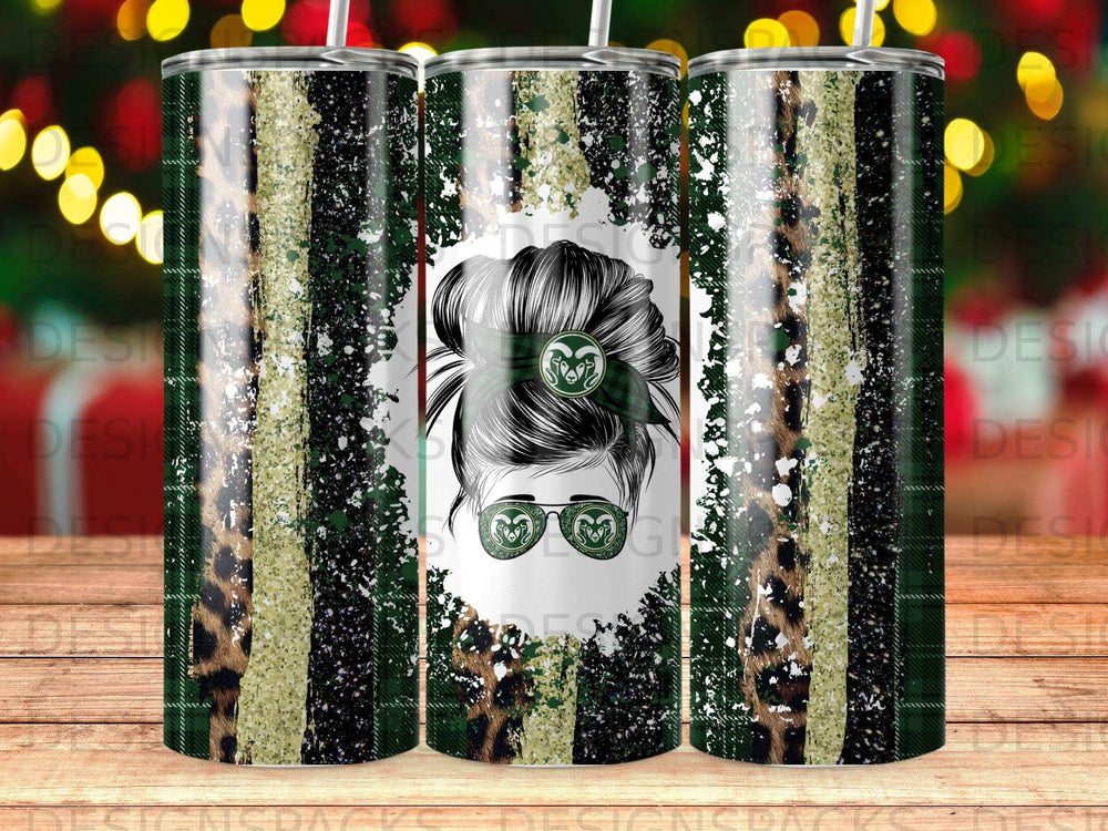 Tumbler with messy bun graphic, leopard print, and green glitter.