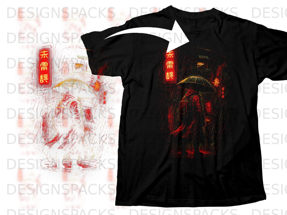 Black t-shirt with a dark, rainy cyberpunk scene featuring a figure with an umbrella.