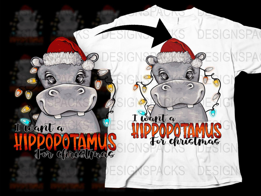 Christmas Hippo T-Shirt, I Want a Hippopotamus for Christmas, Festive Holiday Tee with Santa Hat, Kids and Adult Sizes Available.