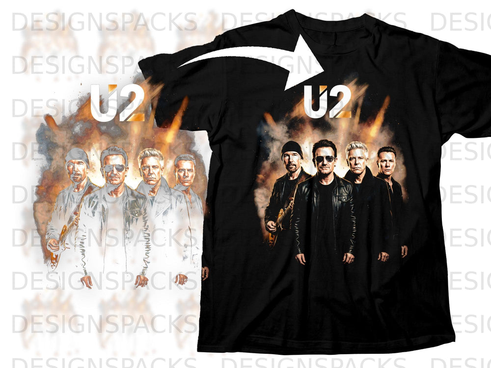 Black t-shirt featuring the band U2 with flames behind them.