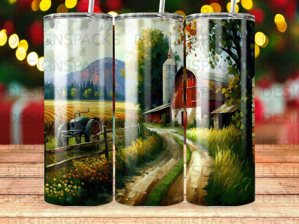 Red barn and tractor in autumn landscape with colorful trees.