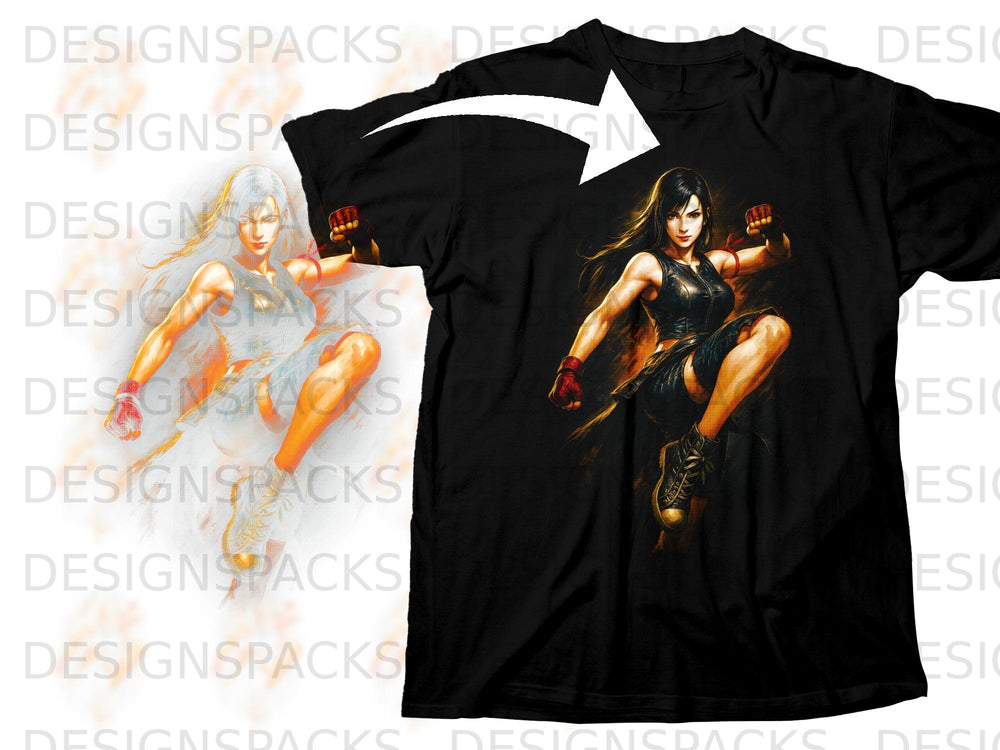 Black t-shirt with a female fighter design in a dynamic pose.