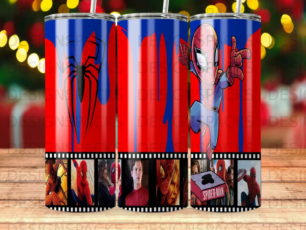 Spider-Man character and comic panels on a blue and red patterned tumbler.