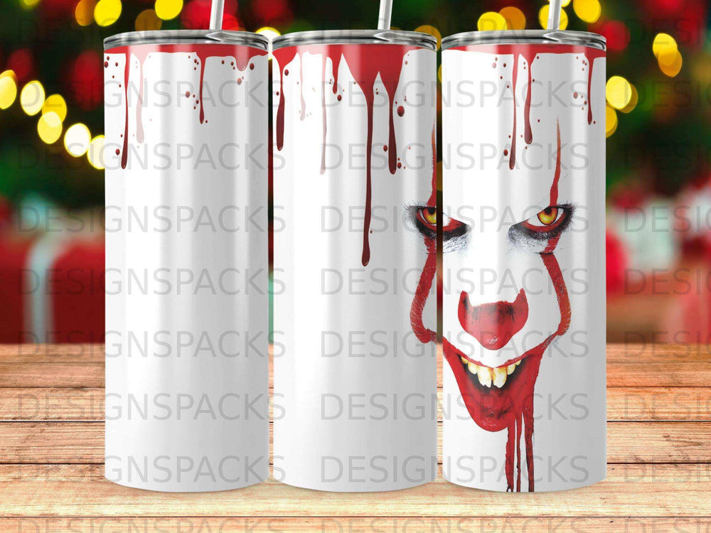 Two tumblers featuring a grinning clown face, one tumbler featuring a clown face.