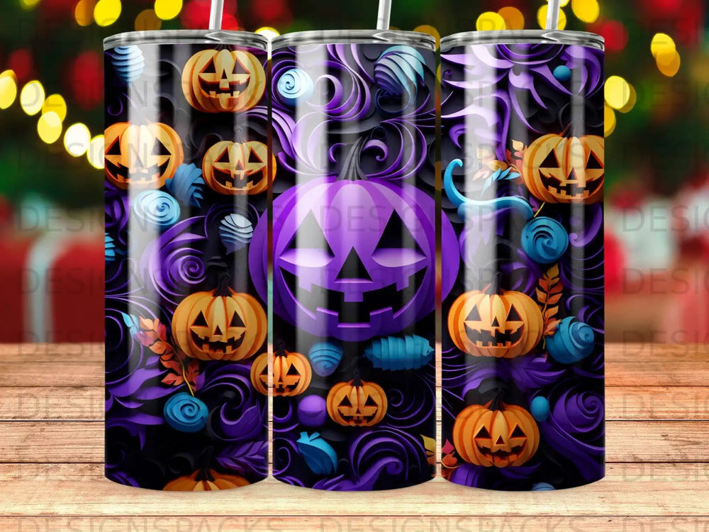 Halloween tumbler with pumpkins, swirling purple designs, and bokeh lights.