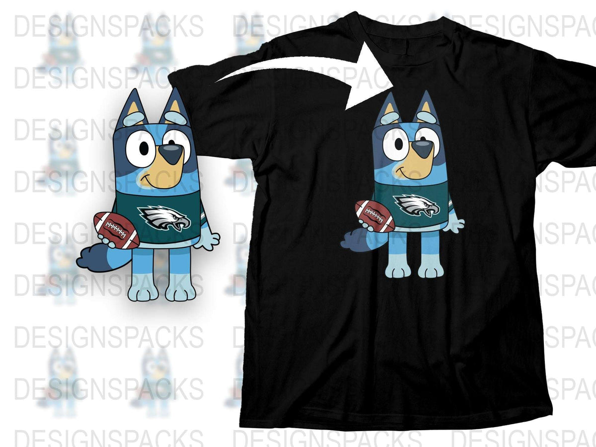 Cartoon Blue Dog Sports Team Black T-Shirt, Cute Animal Graphic Tee, Unisex Football Fan Apparel, Gift Idea