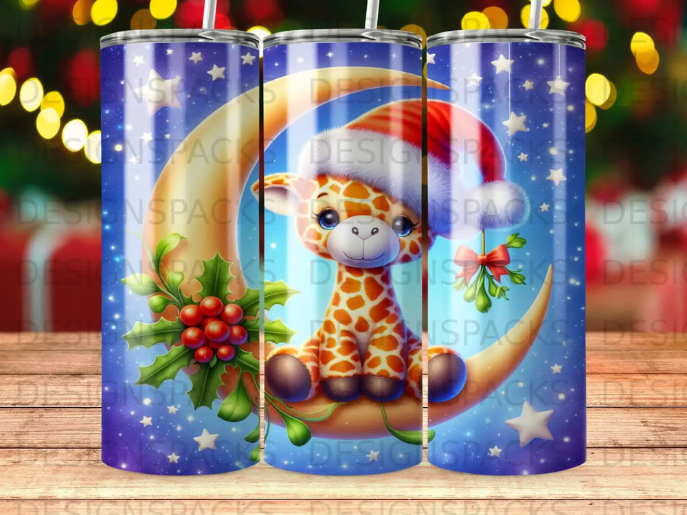 Cute cartoon giraffe in Santa hat sits on crescent moon, surrounded by holly and stars.