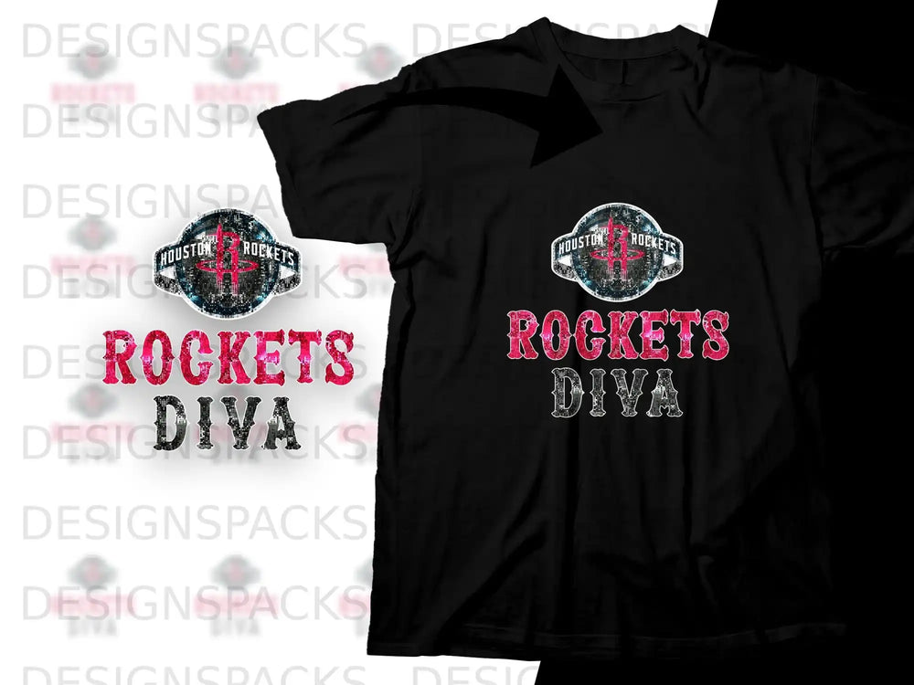 Black t-shirt with "Houston Rockets Diva" graphic in pink and glitter.