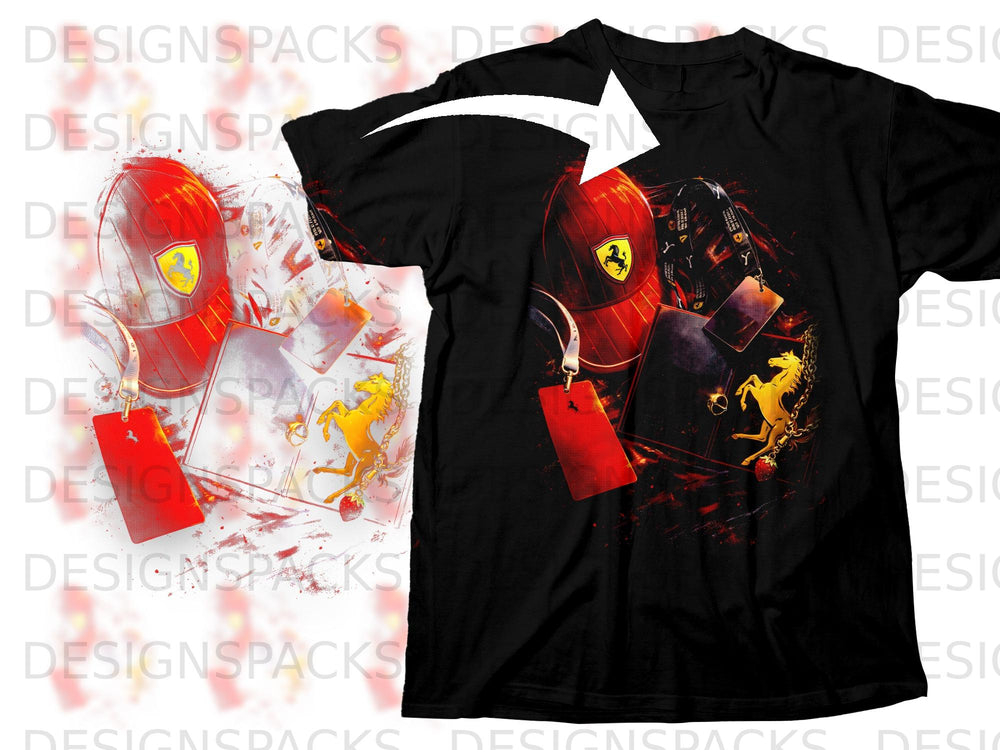 Black t-shirt with Ferrari emblem, golden horse, and red tag graphic.