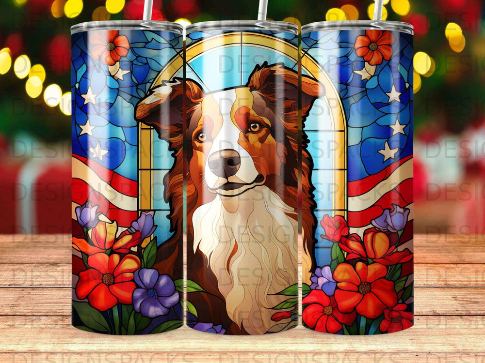 Border collie with stained glass and floral design.