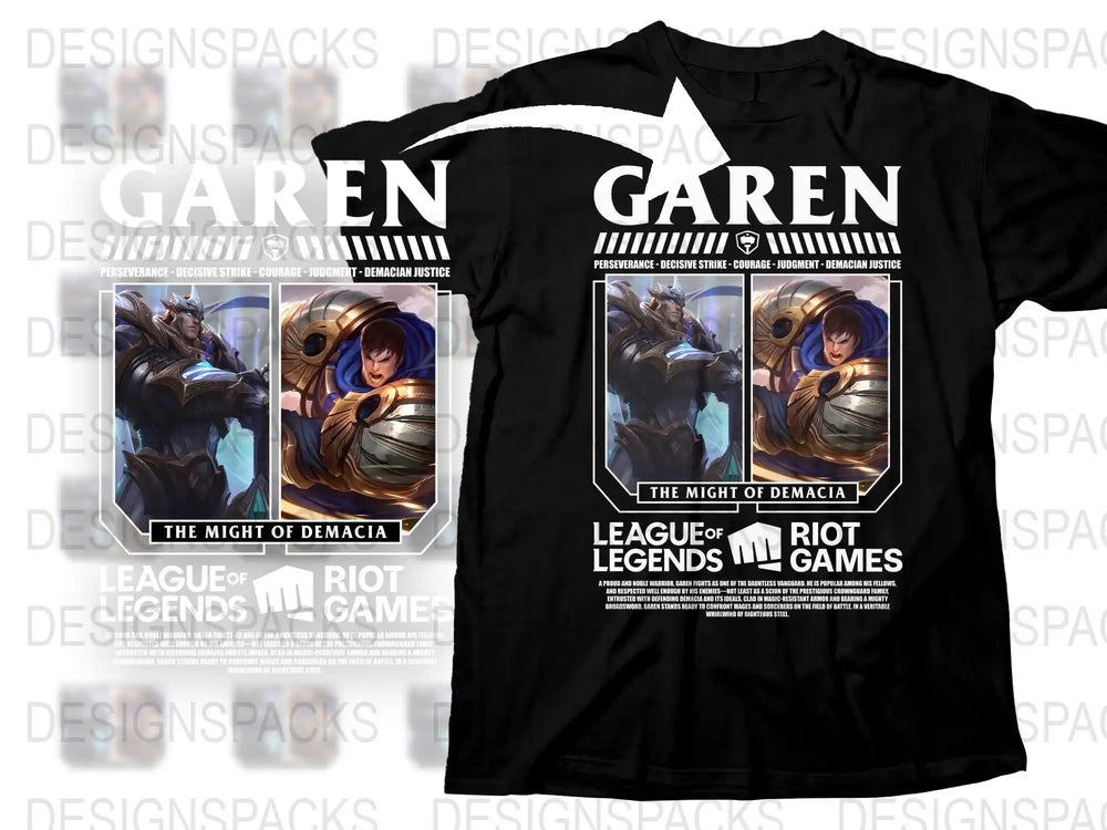 League of Legends Garen T-Shirt, The Might of Demacia, Gaming Graphic Tee, Black Cotton Shirt