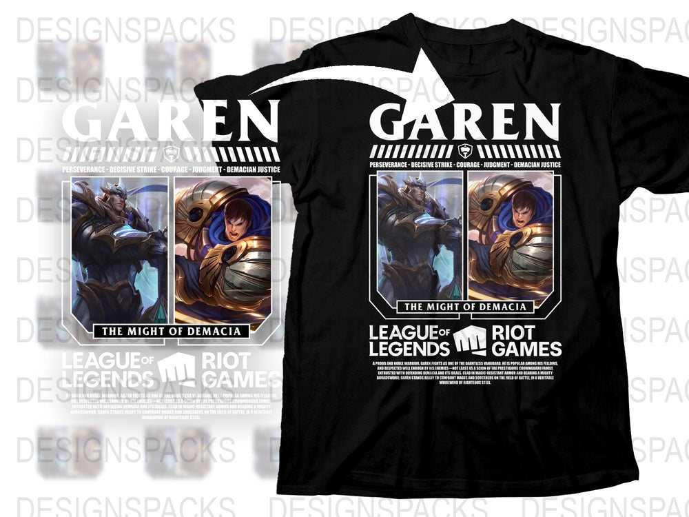 League of Legends Garen T-Shirt, The Might of Demacia, Gaming Graphic Tee, Black Cotton Shirt