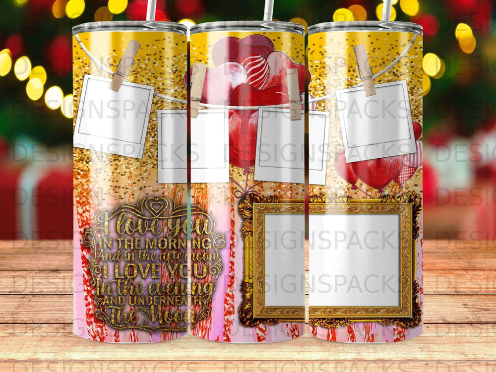 Tumbler with "I love you" text, hearts, and glitter.