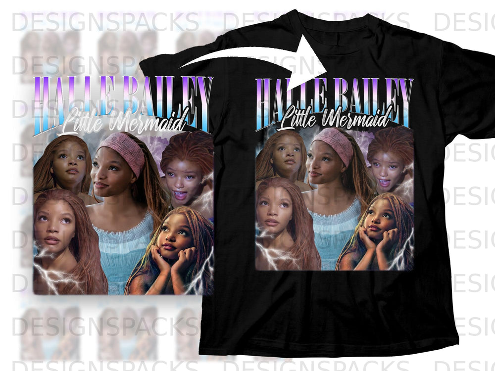 Halle Bailey Little Mermaid graphic on a black t-shirt with lightning accents.