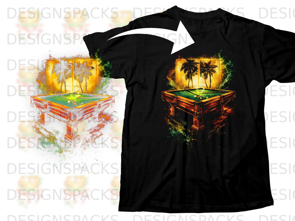 Black t-shirt with a graphic of a pool table and palm trees with a fiery sunset.