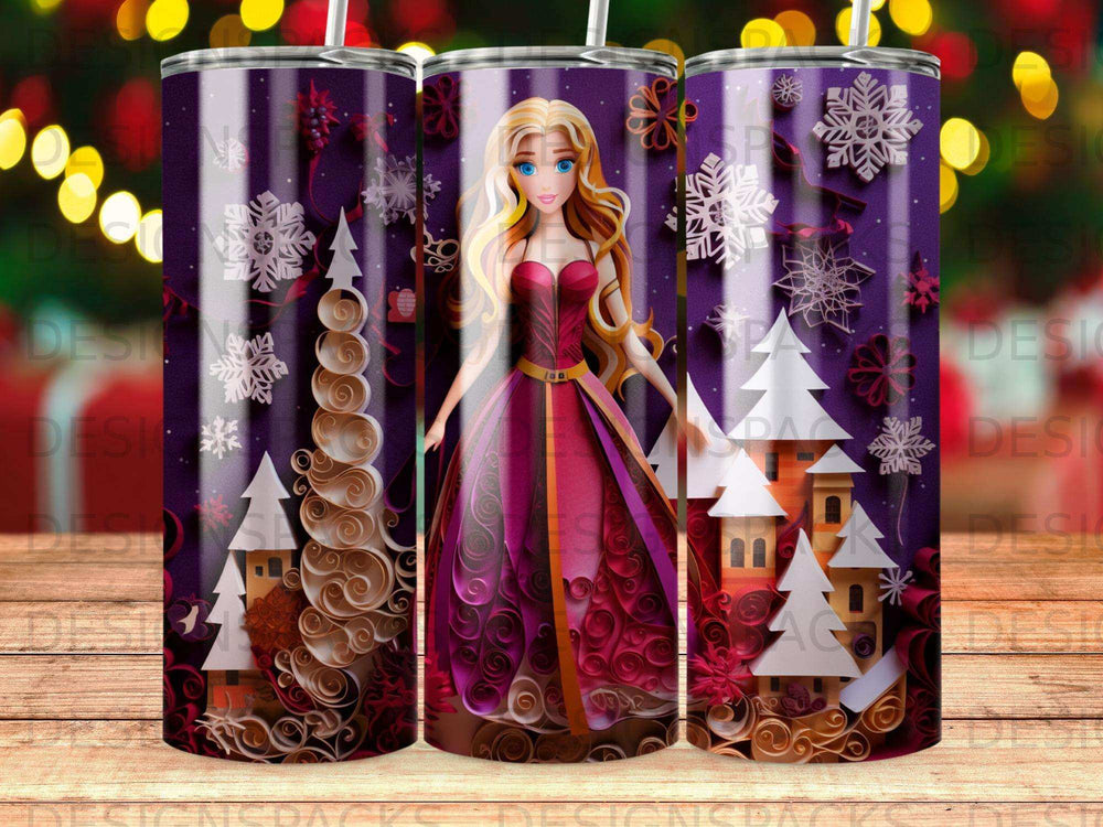 Woman in formal gown with winter forest scene and snowflakes.