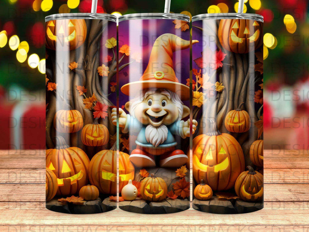 Gnome with pumpkins and autumn leaves on a patterned tumbler.