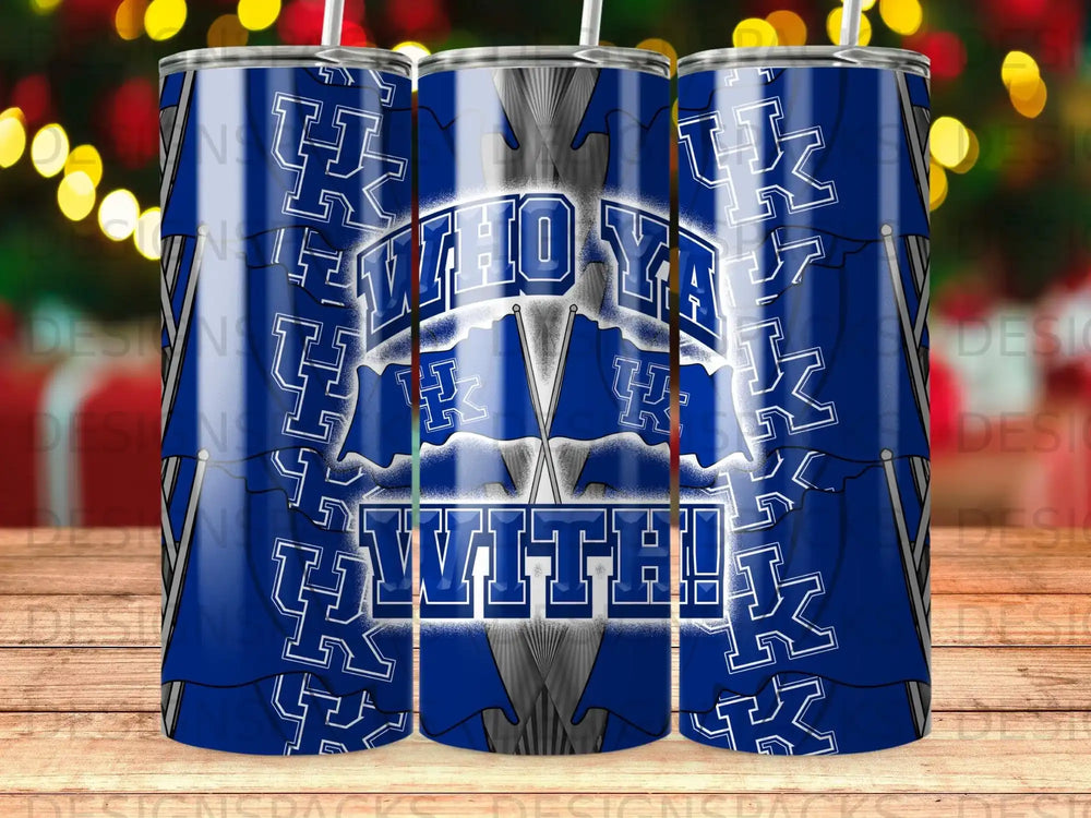 Blue and white Kentucky Wildcats tumbler with "WHO YA TRYNA GET WITH!" slogan.