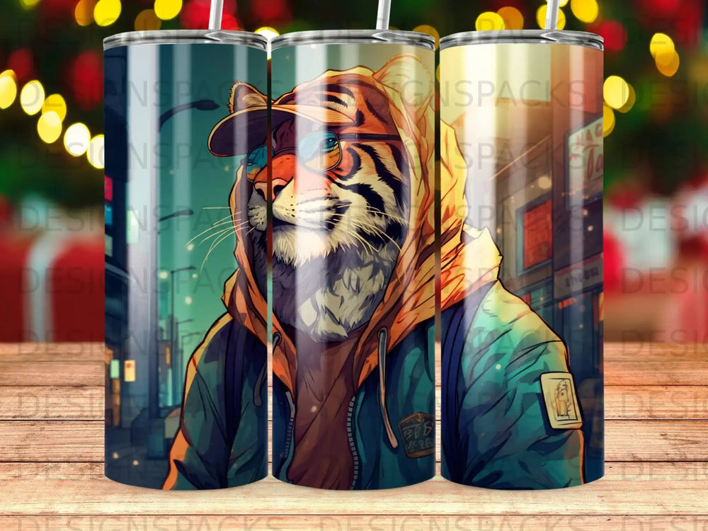 Tiger wearing sunglasses and hoodie on a city street.