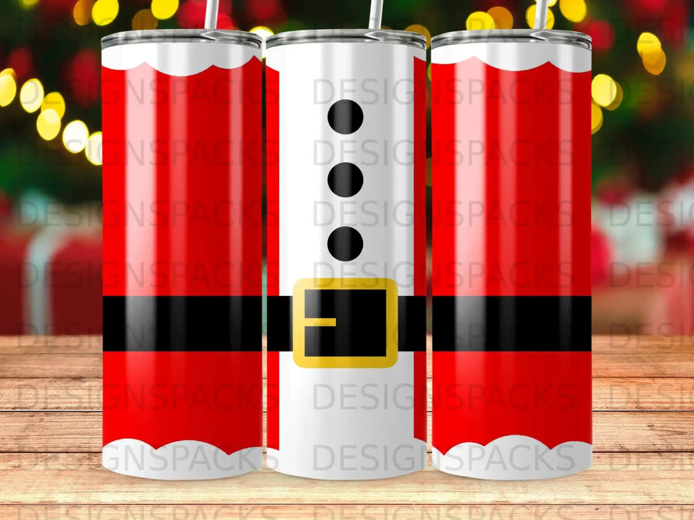 Three tumblers decorated with a Santa Claus belt and buckle design.
