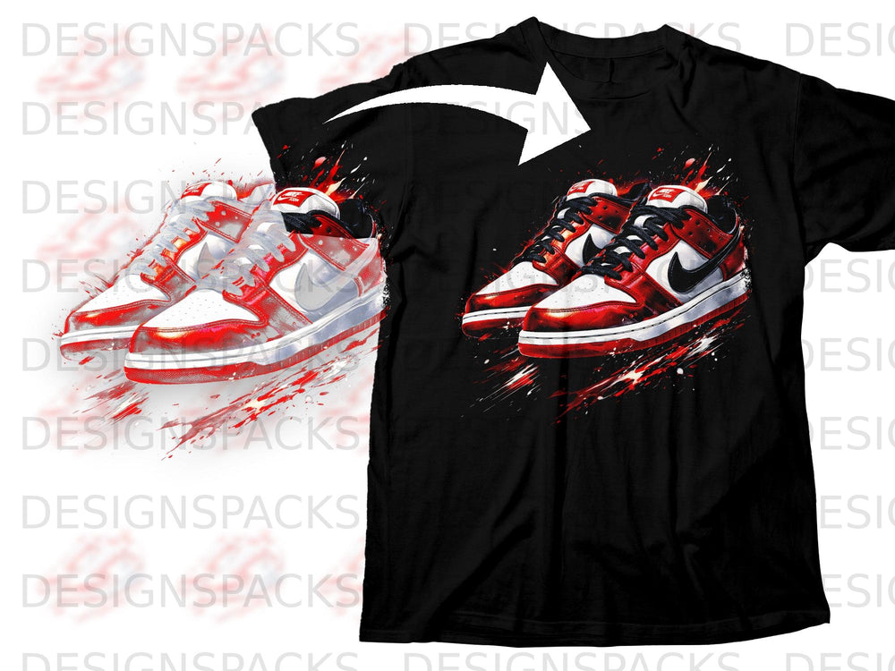 Black t-shirt with graphic of red and white sneakers with splattered paint.
