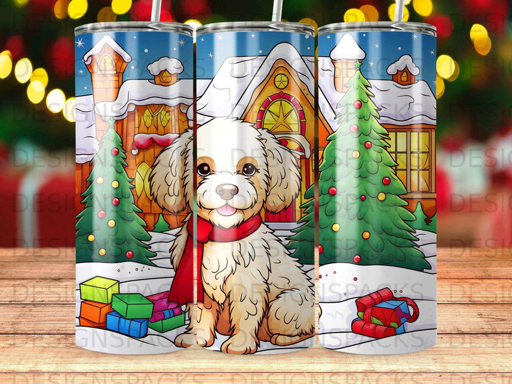 Dog in snowy village wearing red scarf, surrounded by gifts and trees.