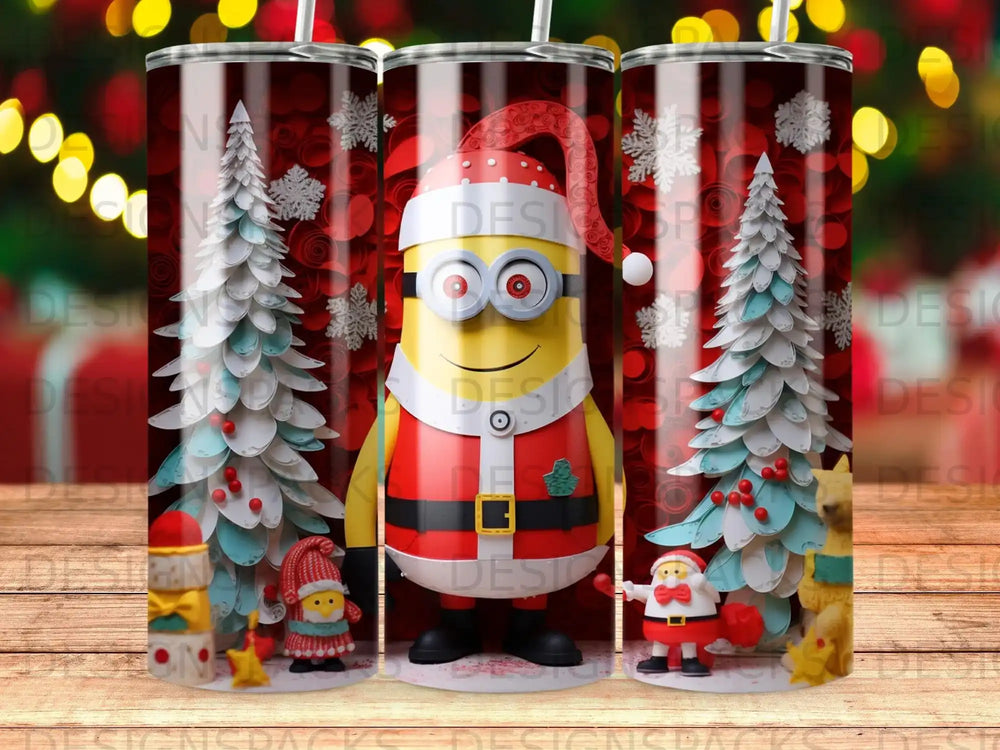 Minion in Santa hat with snowflakes and Christmas trees.