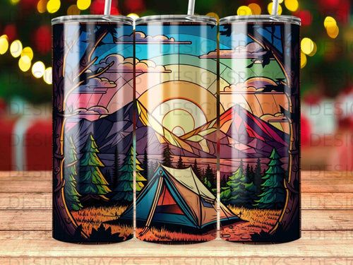 Colorful geometric mountain landscape with tent at sunset, framed by trees.