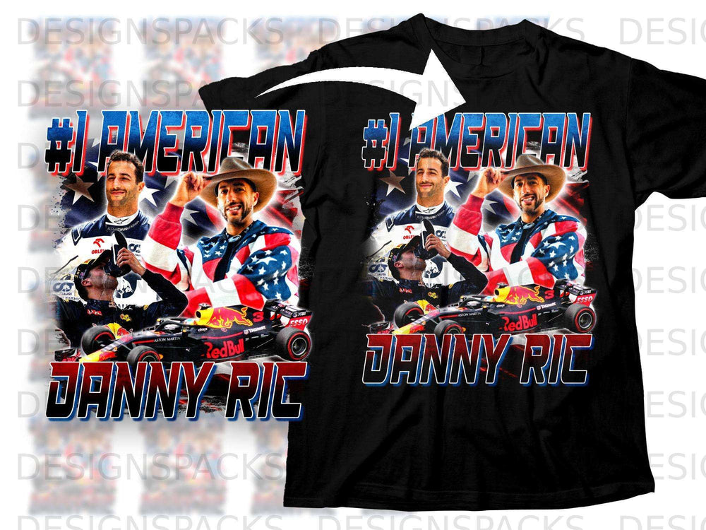 T-shirt with #IPMERIFAN graphic featuring Daniel Ricciardo and American flag elements.
