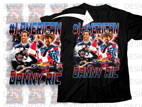 T-shirt with #IPMERIFAN graphic featuring Daniel Ricciardo and American flag elements.